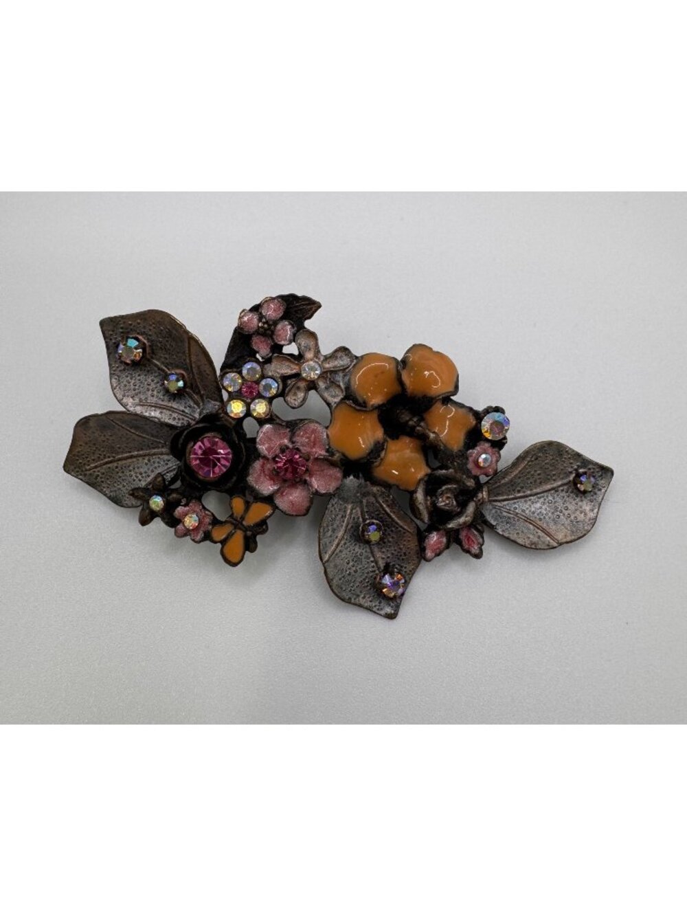 Enamel Floral Brooch AB Rhinestone Bronze Tone Statement 3 Inch